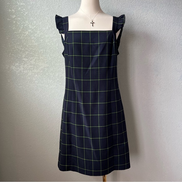 CeCe Navy Green Windowpane Plaid Dress – Ruffle Strap Sleeveless Size M - Picture 1 of 7